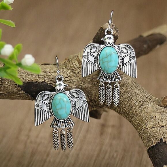 pdxroots Jewelry - Southwestern Thunderbird Faux Turquoise Long Dangle Earrings Silver Tone